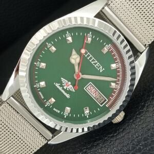 Vintage 1996 Citizen Automatic Mens Silver Watch W/daydate & Green accents